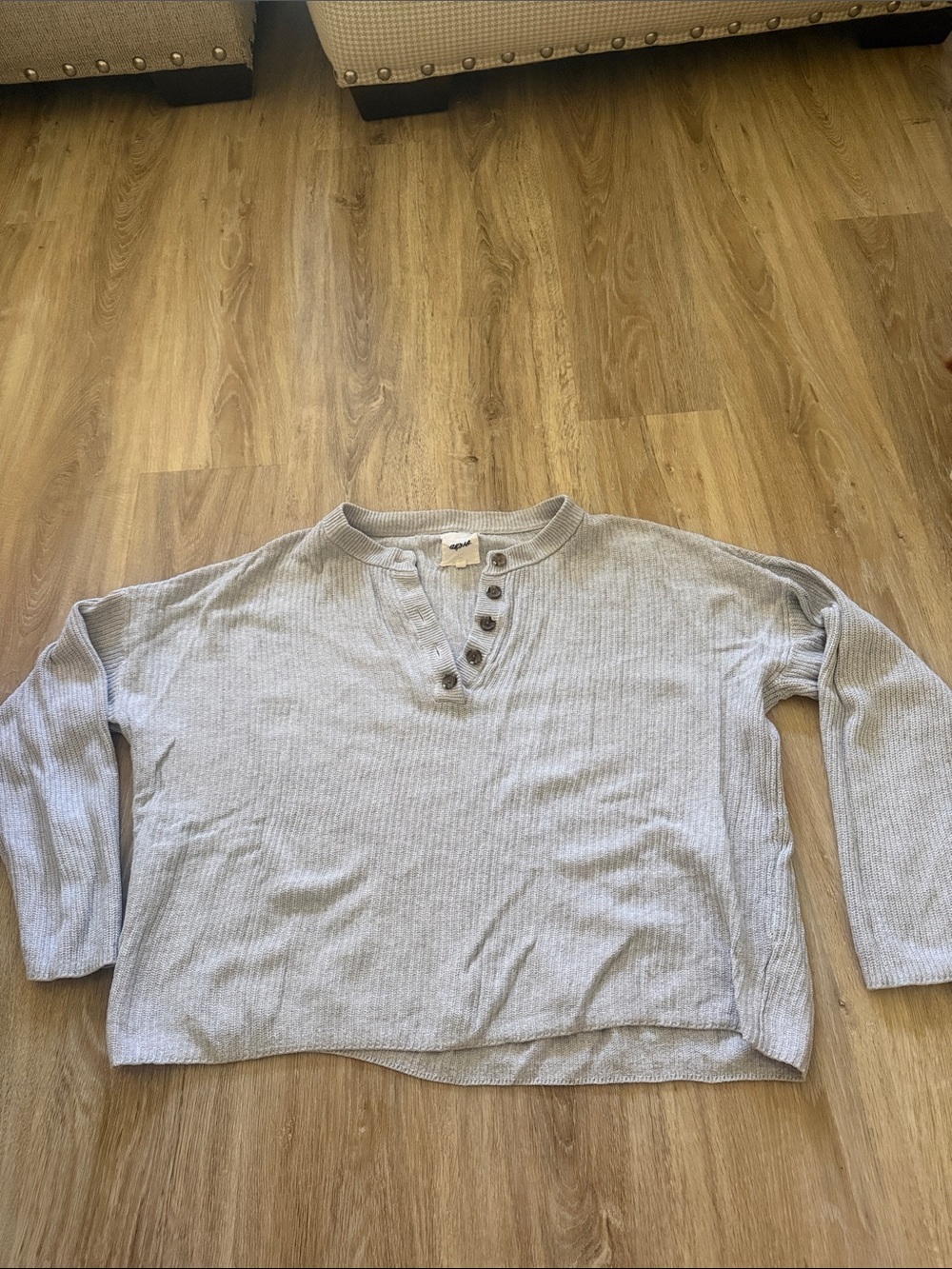 aerie Light Gray Button-Neck Ribbed Sweater
